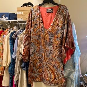 Meghan LA Dress Multicolor Boho Statement Bell Sleeve 100% Silk Mini Dress Small